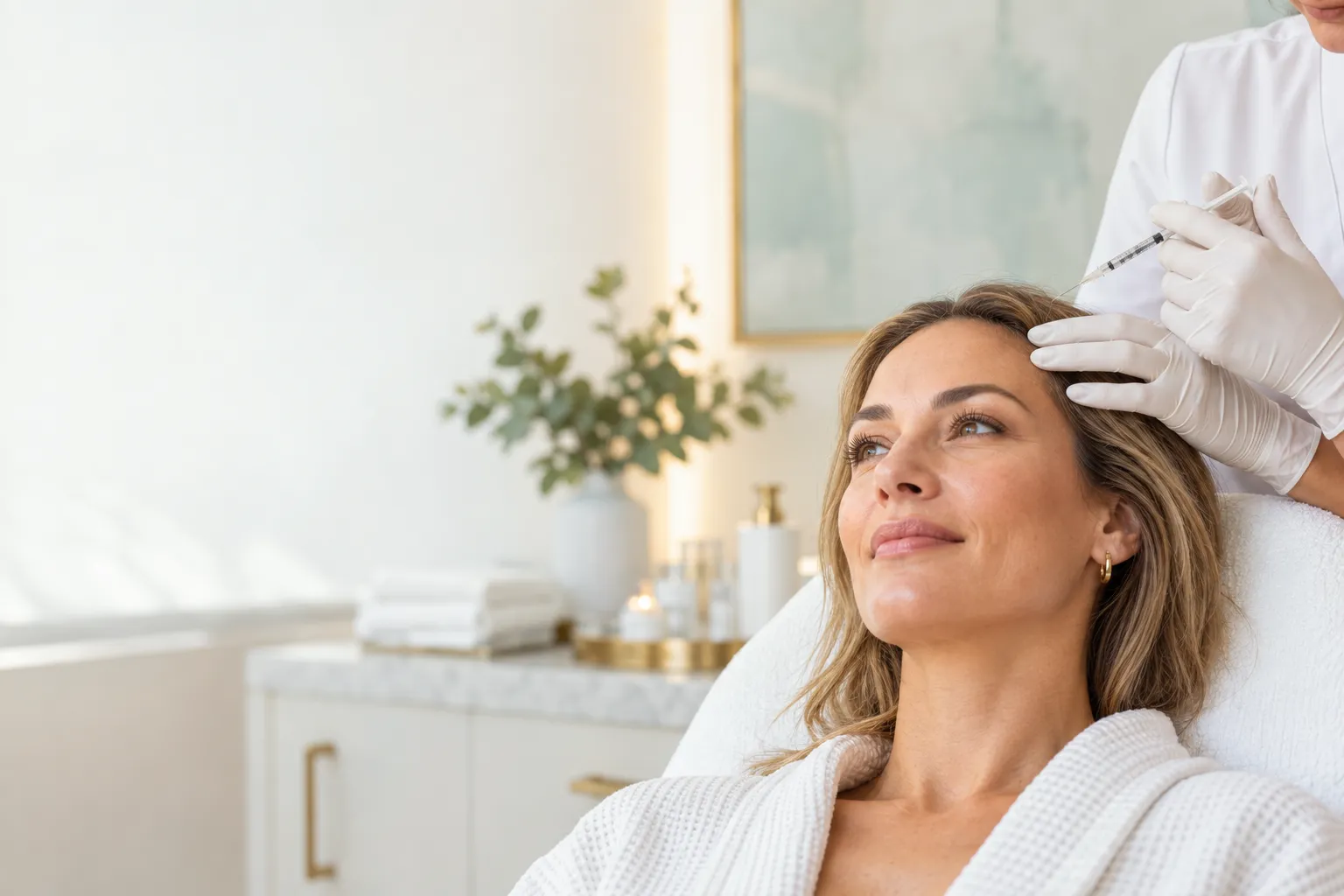 Illustrative medical spa image of a clinician preparing an upper-face neuromodulator injection for an adult guest